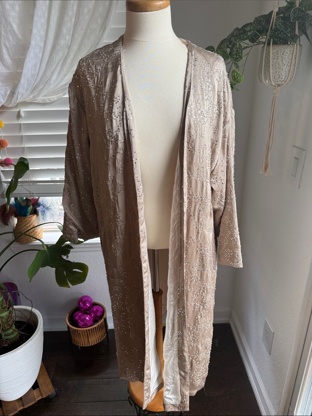 Sequin-Embellished Taupe Open-Front Duster